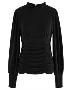 Ruched Front Ruffle Neck Fitted Top in Black