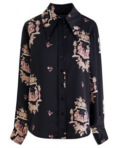 Floral Castle Print Satin Button Down Shirt in Black