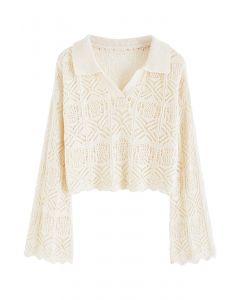 Hollow Out Flare Sleeve Crop Knit Top in Ivory