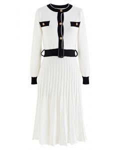Belted Contrast Color Pleated Knit Dress in White