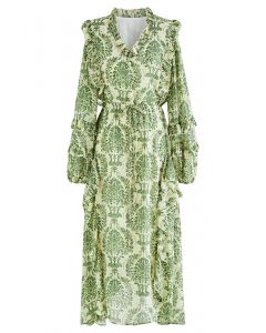 Elegant Floral Ruffle Trim Tie Waist Chiffon Dress in Green