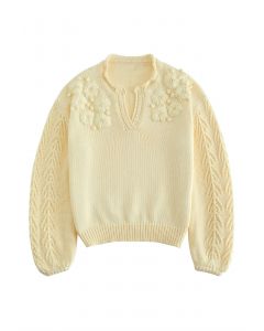 Blooming Passion Floral Stitch V-Neck Knit Sweater in Yellow