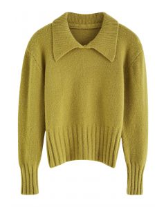 Pointed Collar Shimmer Knit Sweater in Moss Green