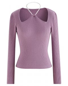 Pearl Halter Neck Ribbed Knit Top in Lilac