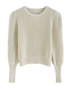 Braided Neck Puff Sleeve Rib Knit Top in Oatmeal