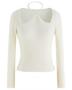 Pearl Halter Neck Ribbed Knit Top in Cream