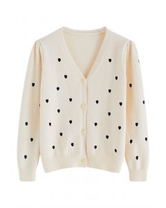 Little Heart Embroideried Button-Up Cardigan in White