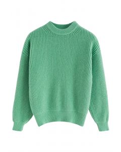 Solid Color Rib Knit Sweater in Green