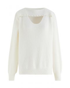 Cutout Pearl Neckline Knit Sweater in White