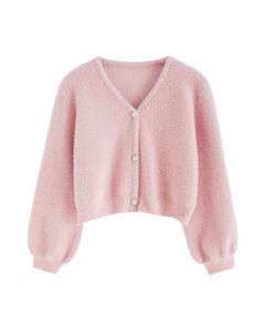 Heart-Shape Button Fuzzy Crop Cardigan in Pink