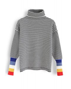 Color Blocked Cuffs Turtleneck Knit Sweater in Stripe