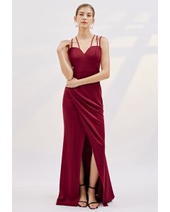 Multiple Straps Ruched Flap Slit Mermaid Gown in Burgundy
