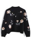Digital Floral Print Embroidered Knit Sweater in Black