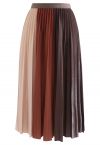 Pleated Sheen Color Block Midi Skirt in Caramel