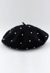Handmade Pearl Wool Blend Beret Hat in Black
