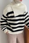 Detachable Scarf Striped Knit Sweater in Ivory