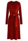 Self-Tie Mesh Bow Ribbed Knit Dress in Red