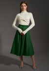 Side Pockets Pleated Belt Midi Skirt in Emerald