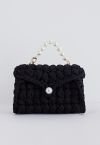 Pearl Chain Braided Chunky Knit Mini Bag in Black