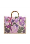 Sequin Floral Embroidered Bamboo Handle Tote Bag in Violet