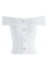 Golden Button Decorated Scalloped Off-Shoulder Top in White