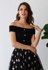 Golden Button Decorated Scalloped Off-Shoulder Top in Black