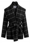 Check Open Front Wool-Blend Coat in Black
