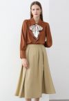 Faux Leather Pleated Flare Midi Skirt in Khaki