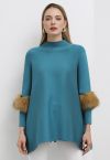 Faux Fur Sleeve Split Hem Knit Poncho in Turquoise