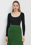 Fuzzy Contrast Edge Scoop Neck Fitted Top in Black