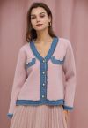 Frayed Denim Edge Spliced Button Knit Cardigan in Pink