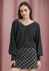 V-Neck Batwing Sleeves Pullover Knit Sweater in Black