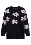 Contrast Flower Pattern Knit Sweater in Black