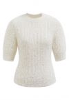 Sequin Fuzzy Short Sleeve Sweater in Cream