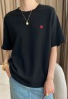 Cute Embroidered Heart Pattern T-Shirt in Black
