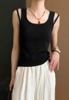 Solid Split Strap Knit Tank Top in Black