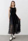 Tiered Mesh Spliced Sleeveless Maxi Dress in Black