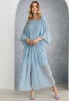 Plisse Bell Sleeves Chiffon Top and Pants Set in Blue
