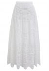 Embroidered Floral Cutwork Crochet Maxi Skirt in White