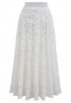 Floral Crochet Sequin Embellished Fishnet Maxi Skirt in White