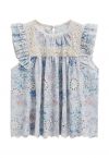 Floral Printed Eyelet Embroidered Sleeveless Dolly Top in Blue