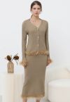 Feather Trim Button Knit Top and Midi Skirt Set in Khaki