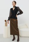 Smooth Silhouette Faux Leather Split Maxi Skirt in Brown