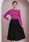 Vintage-Inspired Button Trim Pleated Midi Skirt in Black