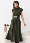 Gentle Knit Top and Belted High Waist Skirt Set in Army Green