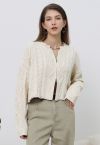 Raw Edge Cable Knit Zipper Crop Cardigan in Ivory