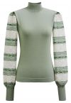 Mock Neck Embroidered Lantern Sleeve Knit Top in Pistachio