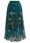 Whimsical Flowers Embroidered Mesh Tulle Midi Skirt in Teal