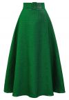 Metallic Embossed Belted A-Line Maxi Skirt in Green