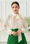 Bowknot Neckline Rose Cuff Sheer Top in Cream